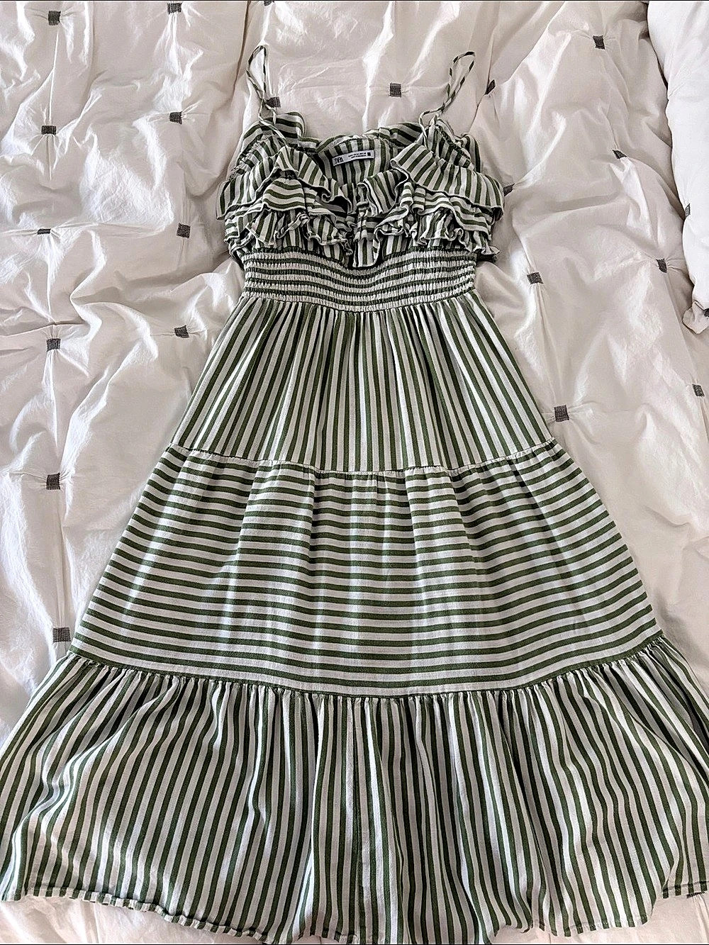 Zara Green White Striped Spaghetti Strap Tiered Ruffle Midi Dress Tiered Ruffle